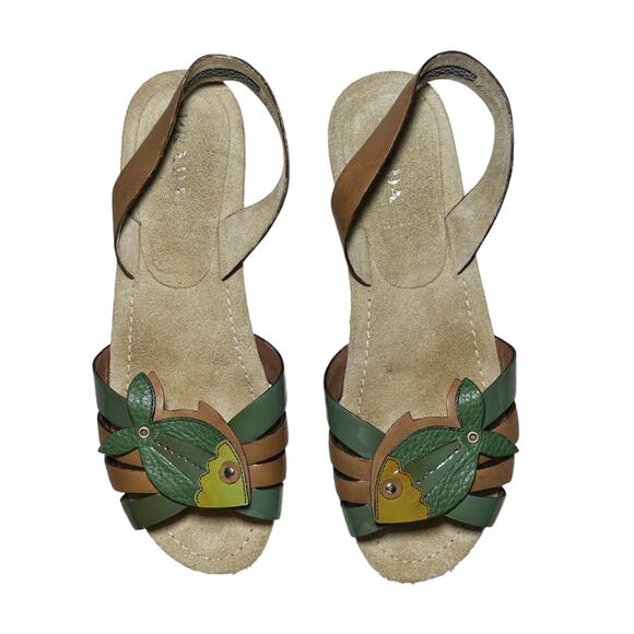 Prada Brown Green Fish Applique Leather Slingback Flats Sandals Size 40 - Picture 3 of 7
